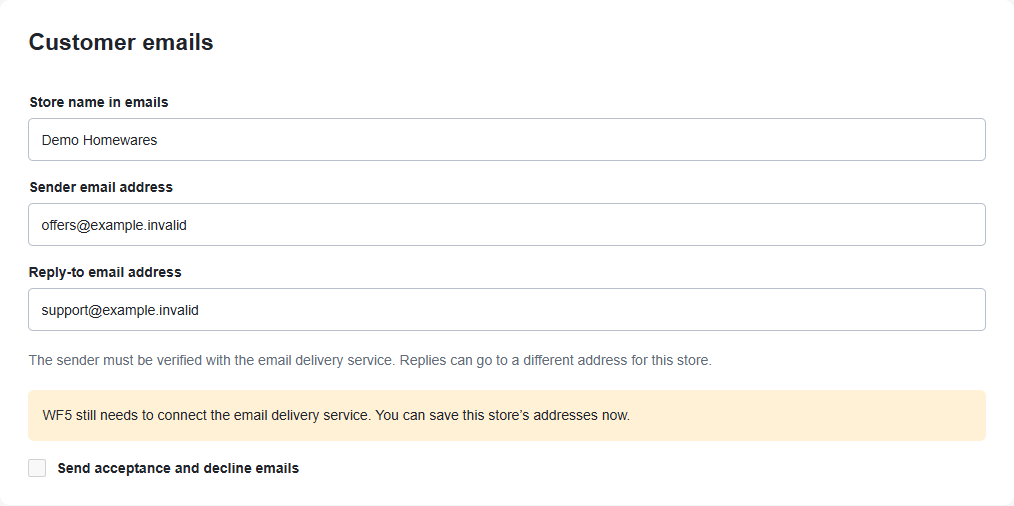 Per-store sender and reply-to settings. The demo notice shows that delivery still needs configuration.