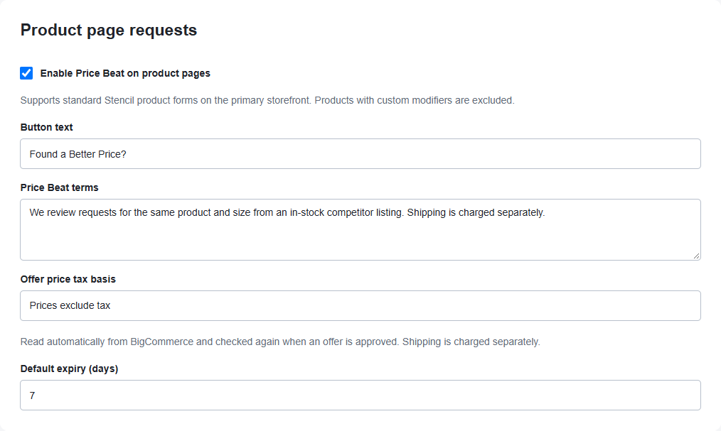 Product-page controls and the declared catalogue tax basis in Settings.