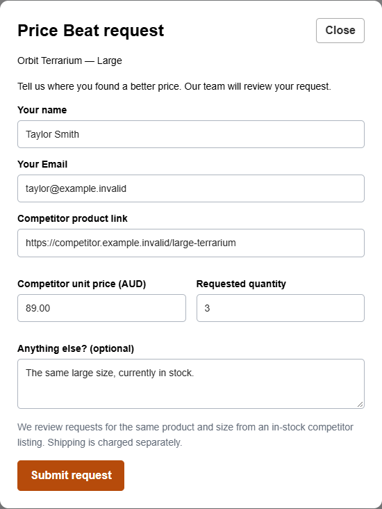 A completed request form using a fictional customer and competitor link.