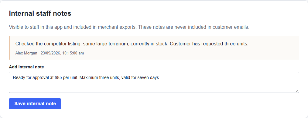Saved notes show the staff member and time. Draft note text uses normal font weight.