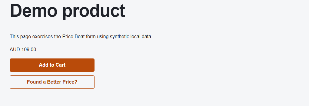 The demo product page shows the Price Beat button below Add to Cart. Storefront colours and layout depend on your theme.
